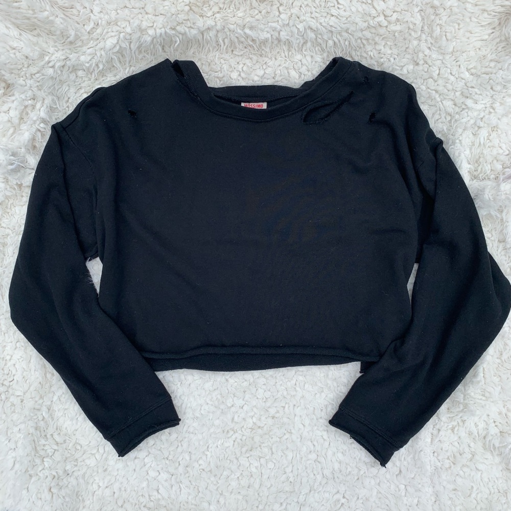 Hand-Distressed Cozy Black Raw Edge Crop Sweater!